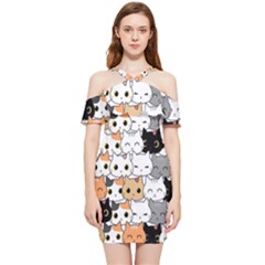 Cute-cat-kitten-cartoon-doodle-seamless-pattern Shoulder Frill Bodycon Summer Dress by Jancukart