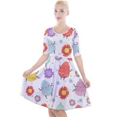 Easter Seamless Pattern With Cute Eggs Flowers Quarter Sleeve A-line Dress by Jancukart