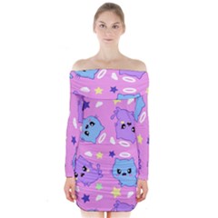 Seamless Pattern With Cute Kawaii Kittens Long Sleeve Off Shoulder Dress by Jancukart