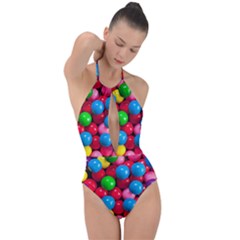 Bubble Gum Plunge Cut Halter Swimsuit by artworkshop