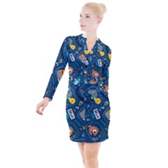 Seamless-pattern-vector-submarine-with-sea-animals-cartoon Button Long Sleeve Dress by Jancukart