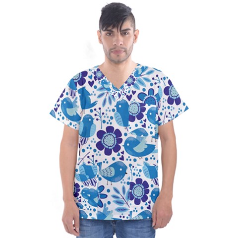 Pattern-with-birds Men s V-neck Scrub Top by Jancukart