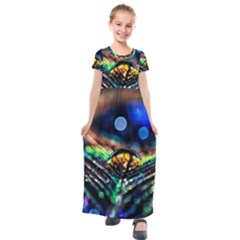 Peacock Feather Drop Kids  Short Sleeve Maxi Dress by artworkshop