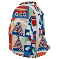 Toy-transport-cartoon-seamless-pattern-with-airplane-aerostat-sail-yacht-vector-illustration Rounded Multi Pocket Backpack by Jancukart