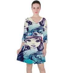 Beautifull Ariel Little Mermaid  Painting Quarter Sleeve Ruffle Waist Dress by artworkshop