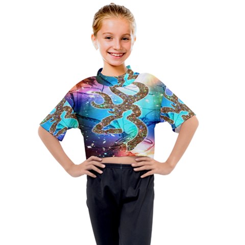 Browning Deer Glitter Galaxy Kids Mock Neck Tee by artworkshop