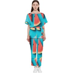 Watermelon Blue Background Batwing Lightweight Chiffon Jumpsuit by artworkshop