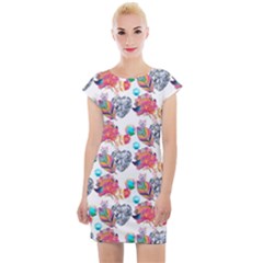 Flowers Diamonds Pattern Cap Sleeve Bodycon Dress by Sparkle