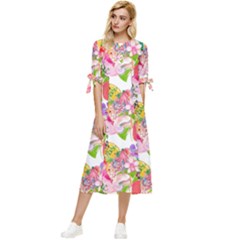 Bunch Of Flowers Bow Sleeve Chiffon Midi Dress by Sparkle