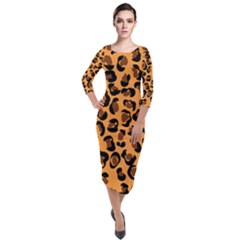 Orange Leopard Jaguar Dots Quarter Sleeve Midi Velour Bodycon Dress by ConteMonfrey