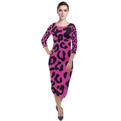 Leopard Print Jaguar Dots Pink Neon Quarter Sleeve Midi Velour Bodycon Dress by ConteMonfrey