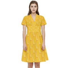 Hexagons Yellow Honeycomb Hive Bee Hive Pattern Short Sleeve Waist Detail Dress by artworkshop