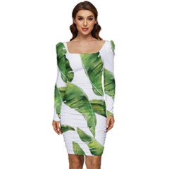 Sheets Tropical Plant Palm Summer Exotic Women Long Sleeve Ruched Stretch Jersey Dress by artworkshop