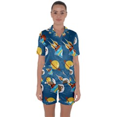 Seamless-pattern-vector-with-spacecraft-funny-animals-astronaut Satin Short Sleeve Pajamas Set by Jancukart