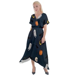 Halloween Ghost Pumpkin Bat Skull Cross Front Sharkbite Hem Maxi Dress by artworkshop