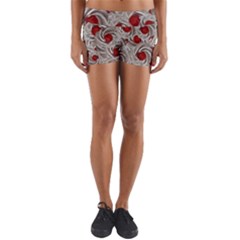 Cream With Cherries Motif Random Pattern Yoga Shorts by dflcprintsclothing