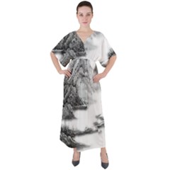 Ink-wash-painting-mountain-rolling-mountains V-neck Boho Style Maxi Dress by Jancukart