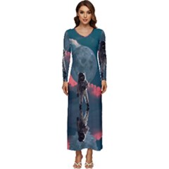 Astronaut-moon-space-nasa-planet Long Sleeve Velour Longline Maxi Dress by Jancukart