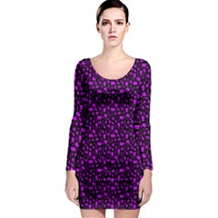 Small Bright Dayglo Purple Halloween Motifs Skulls, Spells & Cats On Spooky Black Long Sleeve Bodycon Dress by PodArtist