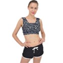 Small Bright White Halloween Motifs Skulls, Spells & Cats on Spooky Black  V-Back Sports Bra View1