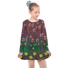 Floral Vines Over Lotus Pond In Meditative Tropical Style Kids  Long Sleeve Dress by pepitasart