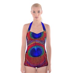 Peacock Plumage Fearher Bird Pattern Boyleg Halter Swimsuit  by Sapixe