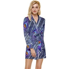 Peacock-feathers-blue Long Sleeve Satin Robe by nateshop