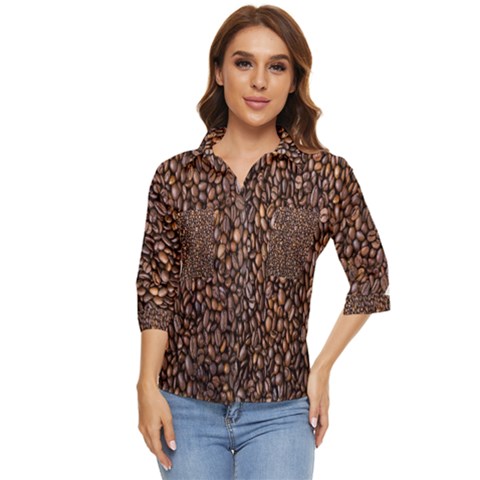 Coffee Beans Food Texture Women s Quarter Sleeve Pocket Shirt by artworkshop