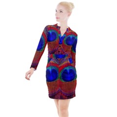 Red Peacock Plumage Fearher Bird Pattern Button Long Sleeve Dress by Wegoenart