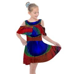 Red Peacock Plumage Fearher Bird Pattern Kids  Shoulder Cutout Chiffon Dress by Wegoenart