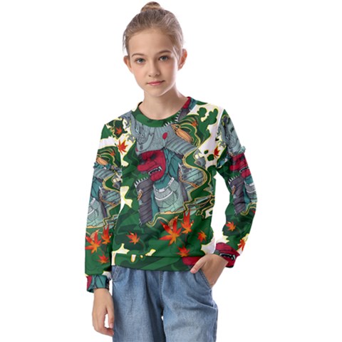 Armor Japan Maple Leaves Samurai Kids  Long Sleeve Tee With Frill  by Amaryn4rt