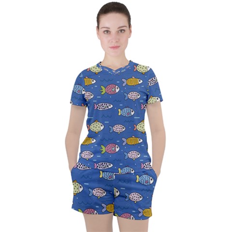 Sea Fish Blue Submarine Animals Women s Tee And Shorts Set by Amaryn4rt