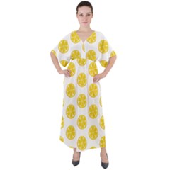 Fruit Food Juicy Organic Yellow V-neck Boho Style Maxi Dress by Wegoenart