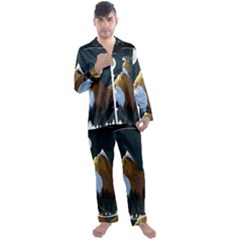 Mountains Forest Moon Stars View Men s Long Sleeve Satin Pajamas Set by Wegoenart