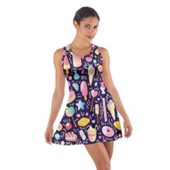 Cute-seamless-pattern-with-colorful-sweets-cakes-lollipops Cotton Racerback Dress by Wegoenart