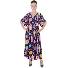 Cute-seamless-pattern-with-colorful-sweets-cakes-lollipops V-neck Boho Style Maxi Dress by Wegoenart