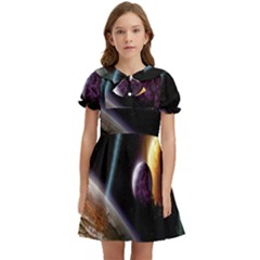 Planets In Space Kids  Bow Tie Puff Sleeve Dress by Sapixe