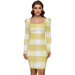 White And Yellow Plaids Women Long Sleeve Ruched Stretch Jersey Dress by ConteMonfrey