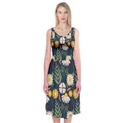 Flower Grey Pattern Floral Midi Sleeveless Dress by Dutashop