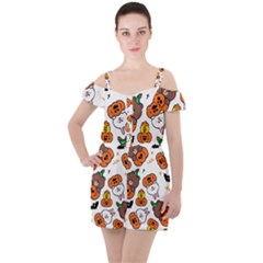 Illustration Pumpkin Bear Bat Bunny Chicken Ruffle Cut Out Chiffon Playsuit by Sudhe