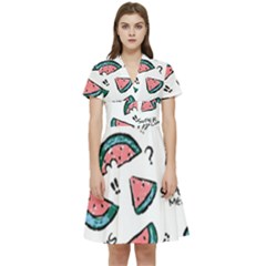 Illustration Watermelon Fruit Sweet Slicee Short Sleeve Waist Detail Dress by Sudhe