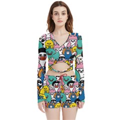 Illustration Animals Cartoon Background Pattern Velvet Wrap Crop Top And Shorts Set by Sudhe