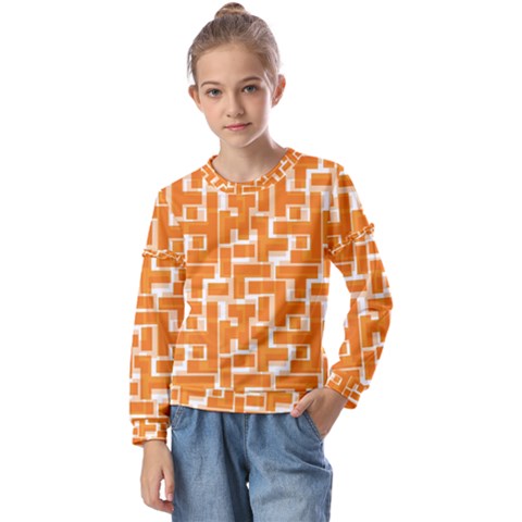 Illustration Orange Background Rectangles Pattern Kids  Long Sleeve Tee With Frill  by Amaryn4rt