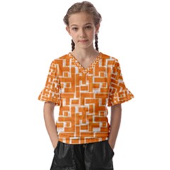 Illustration Orange Background Rectangles Pattern Kids  V-neck Horn Sleeve Blouse by Amaryn4rt