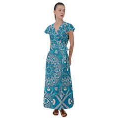 Mandala Blue Flutter Sleeve Maxi Dress by zappwaits