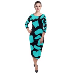 Neon Cow Dots Blue Turquoise And Black Quarter Sleeve Midi Velour Bodycon Dress by ConteMonfrey