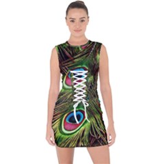 Peacock Feathers Color Plumage Lace Up Front Bodycon Dress by Celenk