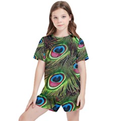 Peacock Feathers Color Plumage Kids  Tee And Sports Shorts Set by Celenk