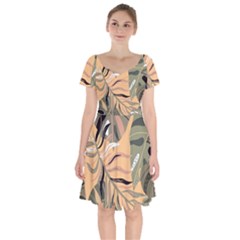 Leaves Monstera Picture Print Pattern Short Sleeve Bardot Dress by Ravend