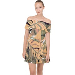 Leaves Monstera Picture Print Pattern Off Shoulder Chiffon Dress by Ravend